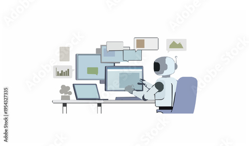 AI technology illustration vector set with smart robot assistant and chatbot futuristic digital interface