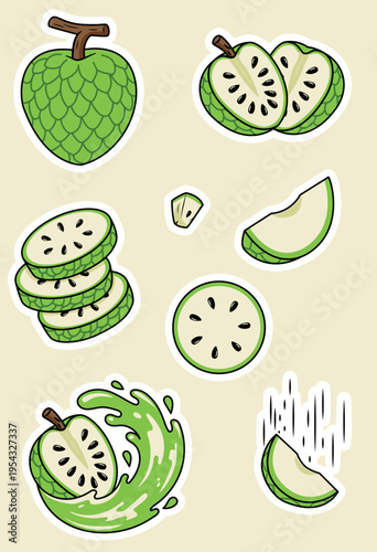 Sugar Apple Custard Apple Sticker Set with Whole Halved Sliced and Juice Splash Effects