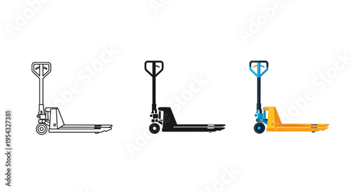 Collection of three diverse vector graphic illustrations of a manual hydraulic hand pallet truck for moving goods