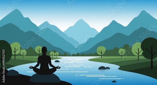 Person meditating by serene river with mountains and trees in background yoga practice in nature