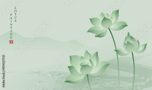 Chinese Ink Wash Lotus Flower Landscape Background Illustration