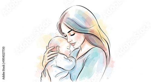 Tender mother holding newborn baby close expressing love and care in a soft watercolor illustration