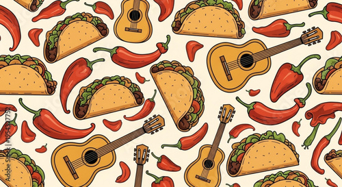 Vibrant pattern of tacos guitars and chilies on cream background for mexican food and music concepts