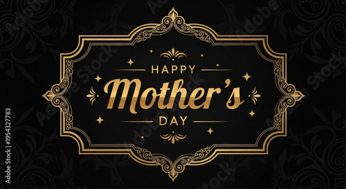 Golden happy mother's day elegant decorative greeting card with ornate design on black background for celebration