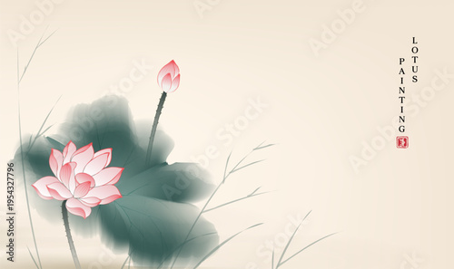 Ink Wash Lotus Flower Chinese Painting Oriental Background
