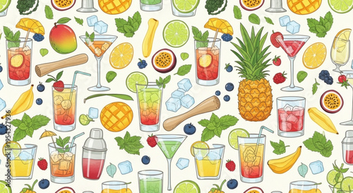 Colorful illustration of assorted cocktails fruits and leaves on white background for summer drink concepts