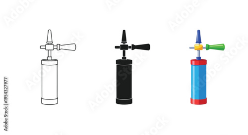 Three distinct vector graphic illustrations of a manual hand pump, showing outline, silhouette, and colorful designs, ideal for inflating balloons or sports equipment.