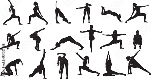 Yoga poses silhouettes for fitness and wellness concepts