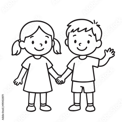 Minimalist vector illustration of two children, a boy and a girl, holding hands, featuring simple shapes and a cheerful style representing friendship and kindness.