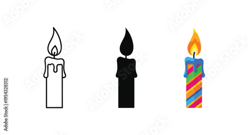 A diverse collection of vector candle illustrations showcasing various styles, including outline, silhouette, and a vibrant colorful design with a burning flame.