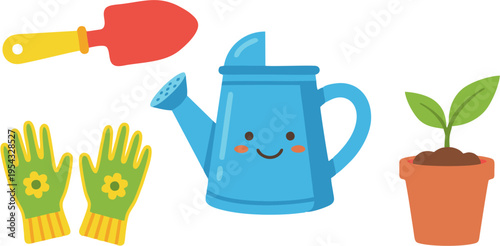 Cartoon gardening tools collection with watering can and potted plant isolated on white