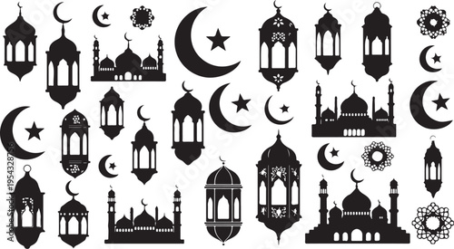 Ramadan Kareem Islamic Symbols and Icons Set Vector Illustration