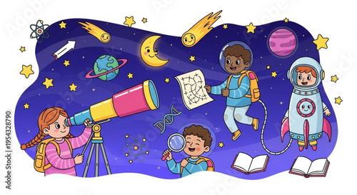 Children exploring space with telescope and books astronomy and learning concept with kids in astronaut suit