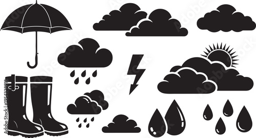 Weather icons with umbrella, rain boots and various clouds