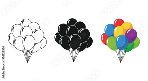 Collection of colorful celebratory balloon bunch vector graphic illustrations presented in outline solid and filled styles