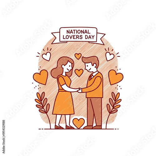 A couple holding hands with hearts around them celebrating National Lovers Day.