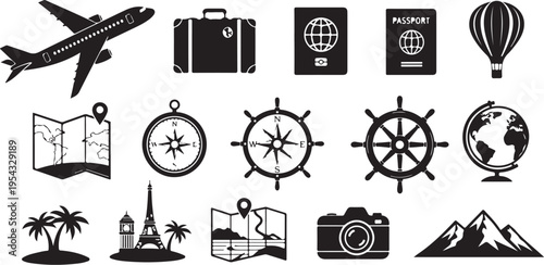 Travel and adventure icons in black and white illustration