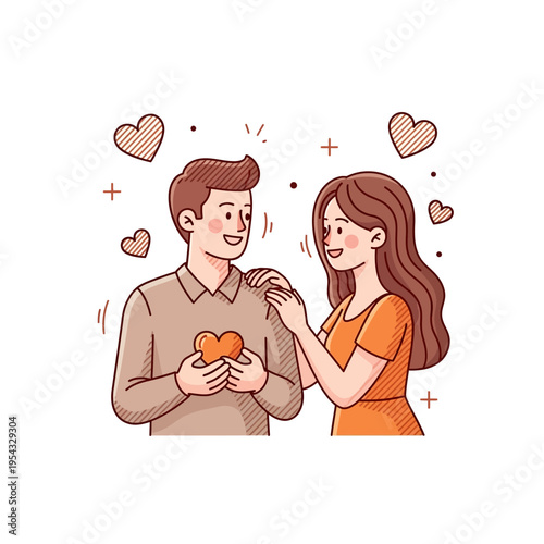 A happy couple sharing a heartfelt moment with love symbols around them.