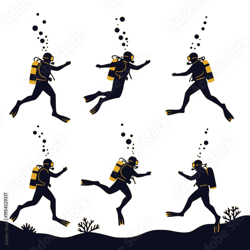 Scuba diver silhouettes set with oxygen tanks and bubbles underwater, minimalist flat vector illustration. Design for scuba diving school branding and marine travel brochures. Transparent SVG version.