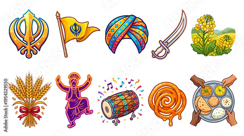Vibrant illustrations of sikh symbols and traditional indian elements