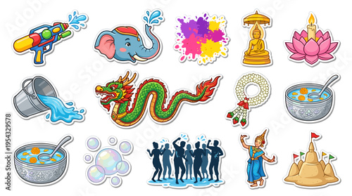 Colorful thai festival icons including water splashes and statues