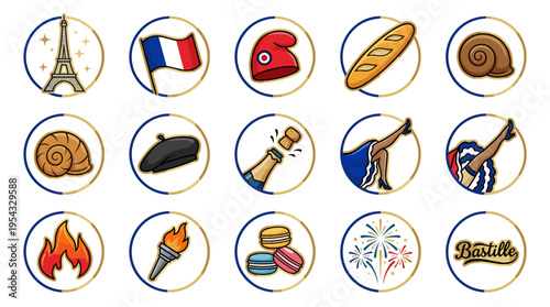 Collection of french themed icons including symbols and landmarks of france
