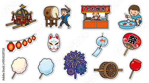 Colorful japanese festival icons and snacks