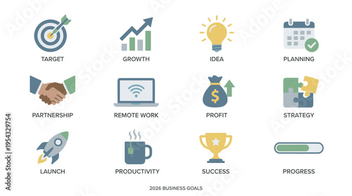 Collection of business goal icons for growth and success strategies