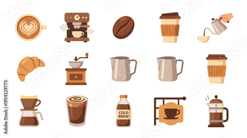 Vector illustrations of various coffee related items and drinks