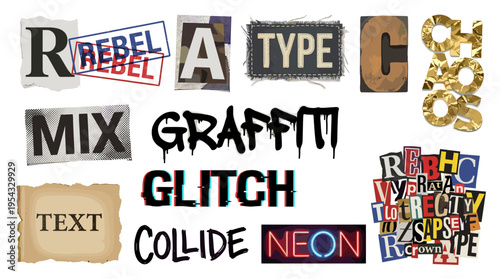 Collage of graffiti and glitch text effects