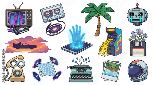 Retro tech and travel icons on with nostalgic feel