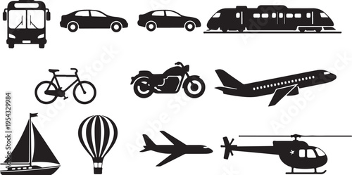 Various Transportation Modes Silhouette Icons Set on White Background