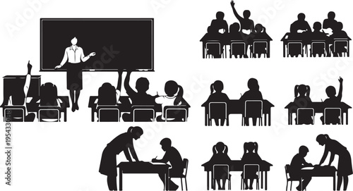 Silhouettes of students and teacher in classroom setting scenes