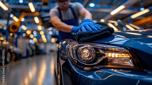 Wallpaper Mural Worker in blue gloves polishing a metallic blue car, showcasing shine for detailing services Torontodigital.ca