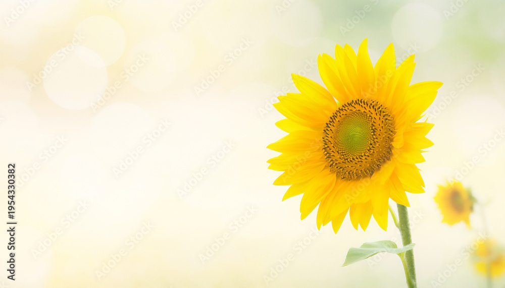 Obraz premium Wide angle sunflower field with bright blue sky and white clouds for summer vacation concept