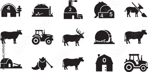 Farm Icons and Symbols in Black and White Color