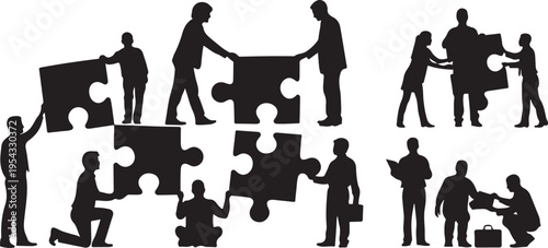 Business team working together with puzzle pieces in silhouette