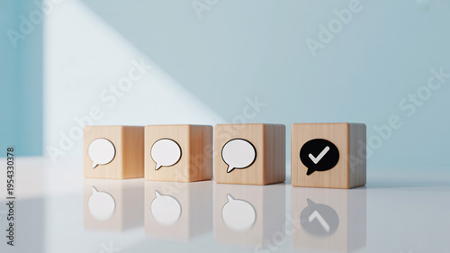 Four wooden blocks with speech bubbles on a reflective surface with a light blue background