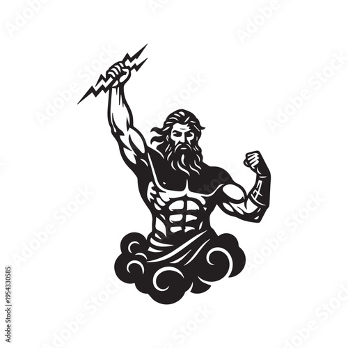 Powerful Greek god Zeus holding a lightning bolt black and white silhouette vector
