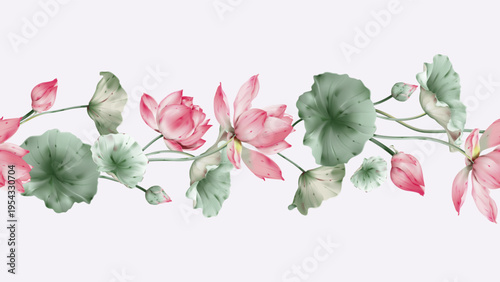 Horizontal border featuring watercolor-style pink lotus flowers and green lily pads on a pale lavender background