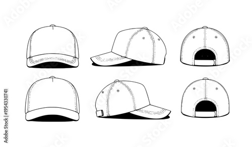 Minimal baseball cap mockup vector set with front side and back views for branding and apparel design