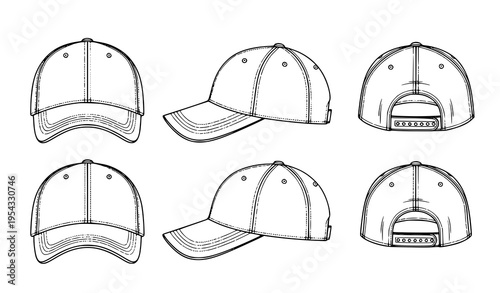 Baseball cap line art vector with front side and back views in technical outline style for fashion design