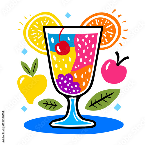 A vibrant and colorful hand drawn illustration featuring a fruit smoothie in a glass surrounded by lemon and orange slices fresh apples and green leaves in a playful graphic style