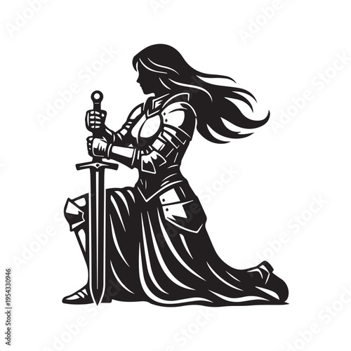 Black and white silhouette vector illustration of a medieval queen knighting a kneeling knight with a sword
