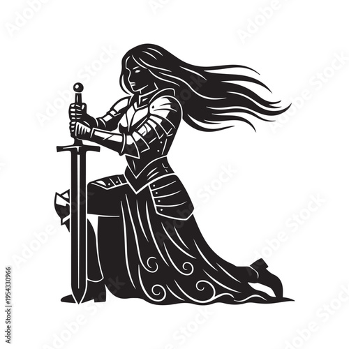Black and white silhouette vector illustration of a medieval queen knighting a kneeling knight with a sword
