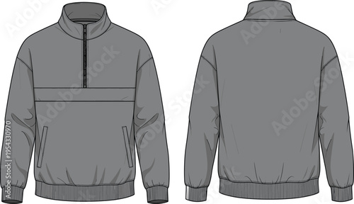 Mens gray quarter zip pullover sweatshirt with chest panel front and back view mockup casual long sleeve apparel vector