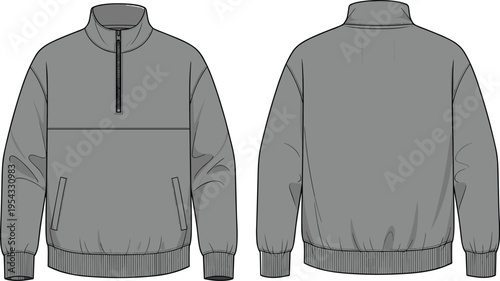 Mens gray quarter zip pullover sweatshirt with pockets front and back view mockup casual long sleeve apparel vector illustration