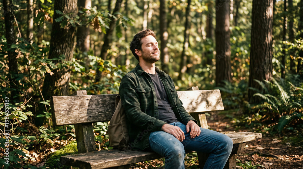 Fototapeta premium Man relaxing on park bench in forest enjoying nature