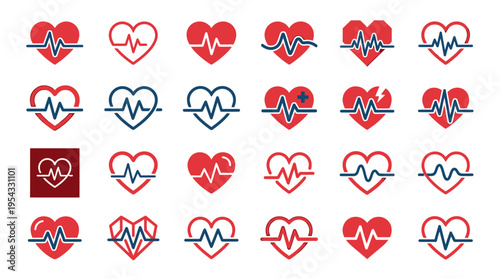 Medical icon set displays various heartbeat symbols and red hearts with ECG lines in blue and white on a transparent background
