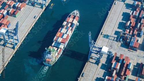 Container ship cargo port shipping trade freight logistics transport harbor aerial view vibrant busy waterway scene
